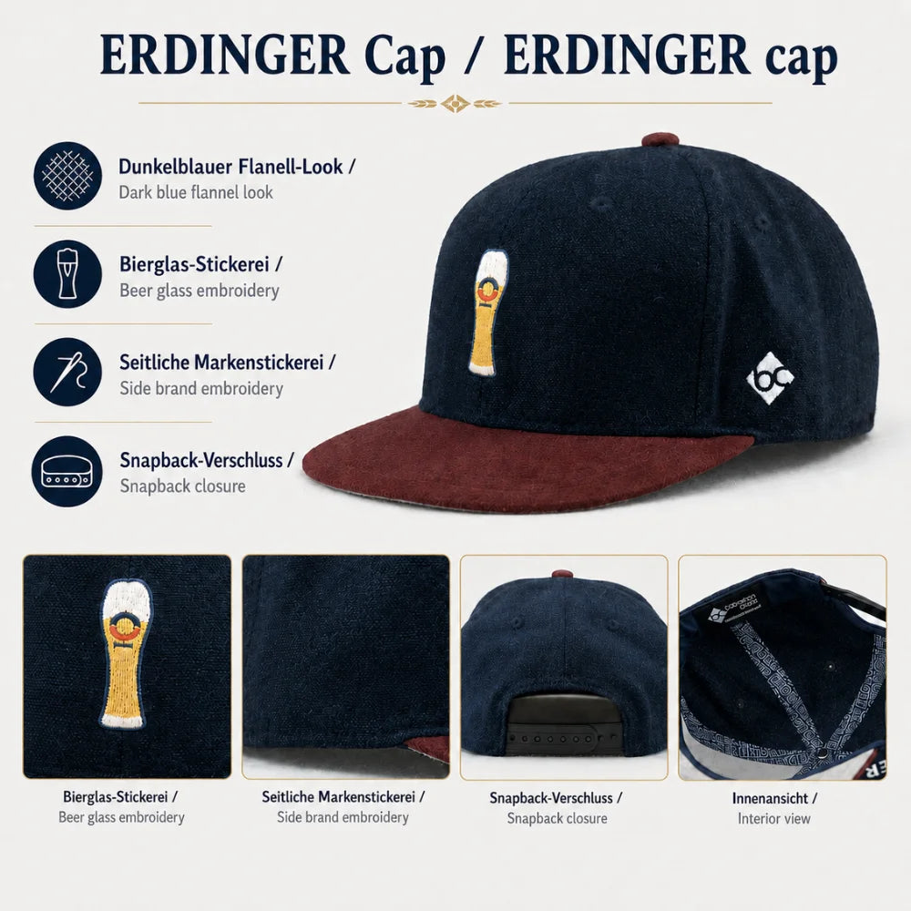 ERDINGER Weißbräu Cap dunkelblau mit Bierglas-Stickerei, Markenstickerei und Snapback-Verschluss