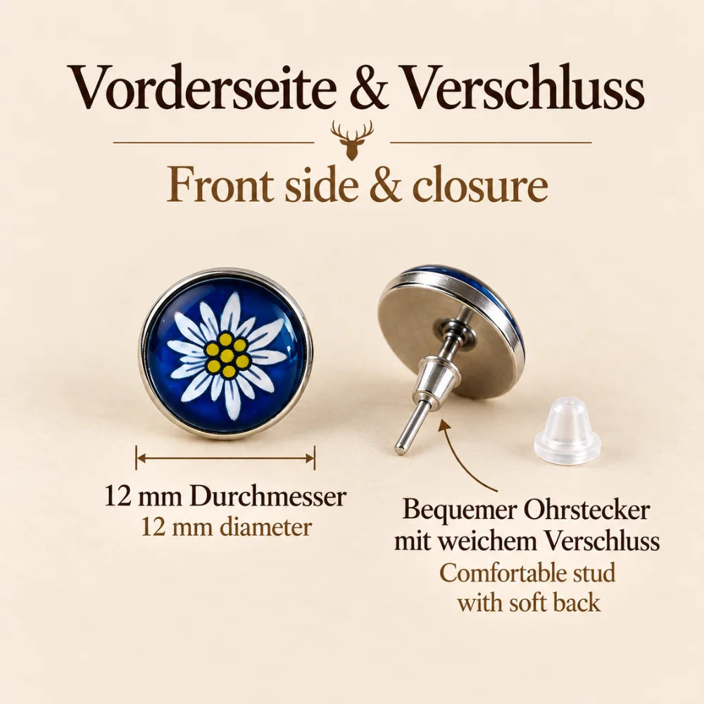 Blaue Edelweiß Ohrstecker Vorderseite und Verschluss mit 12 mm Durchmesser und weichem Ohrstecker-Verschluss