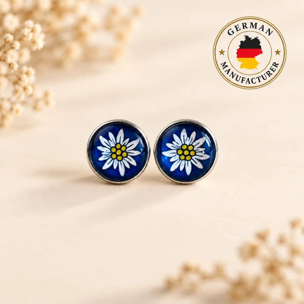 Blaue Edelweiß Ohrstecker handgefertigt in Bayern mit German Manufacturer Siegel