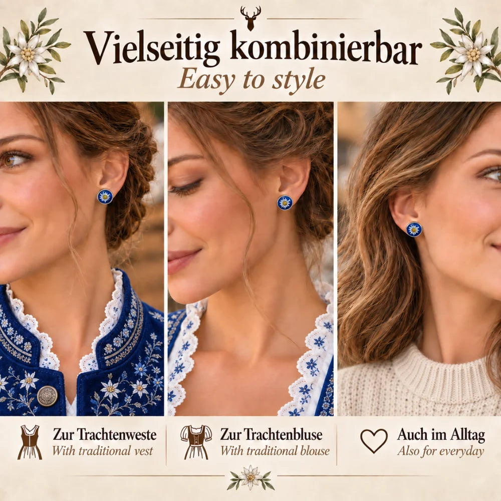 Blaue Edelweiß Ohrstecker vielseitig kombinierbar zu Trachtenweste, Trachtenbluse und im Alltag