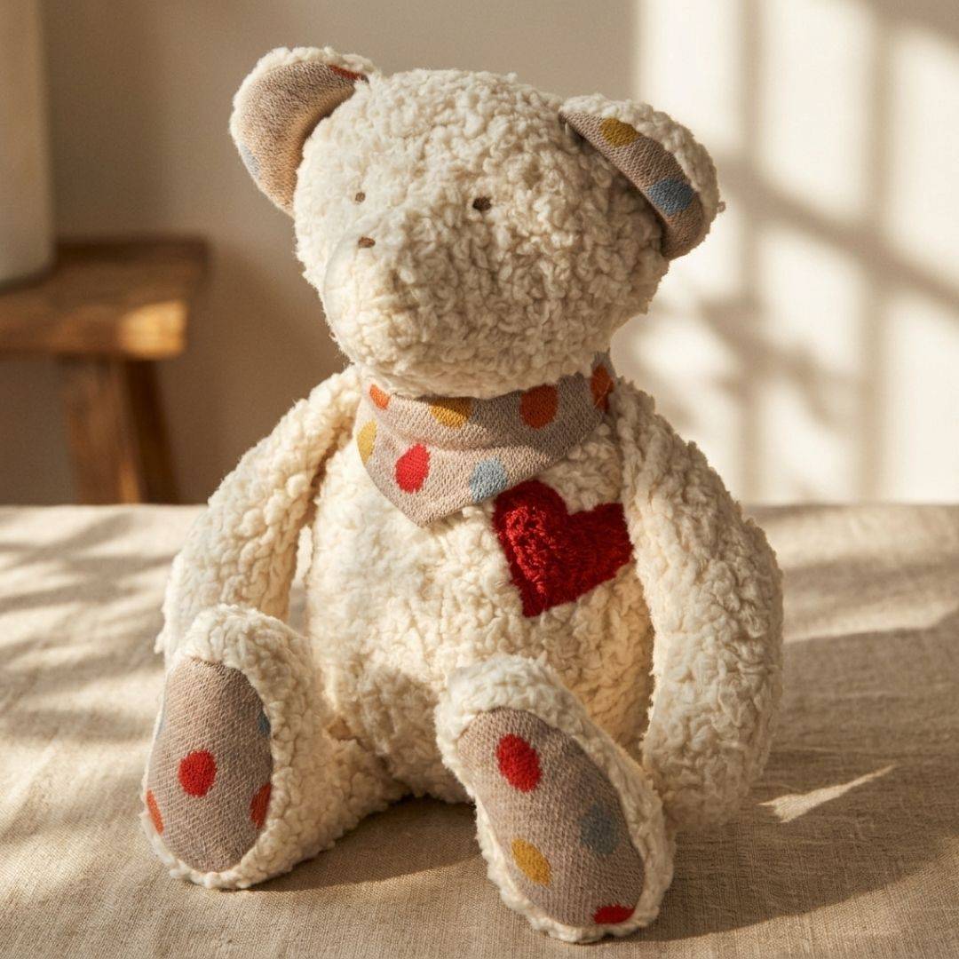 Neugeborenes Baby hält Efie Teddy aus Bio-Baumwolle – sicheres GOTS-zertifiziertes Kuscheltier für Babys ab Geburt Hauptbild