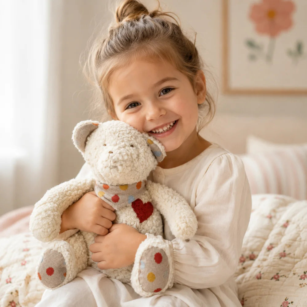 Kind kuschelt mit dem Efie Teddy mit Herz als Geschenk für Babys und Kinder