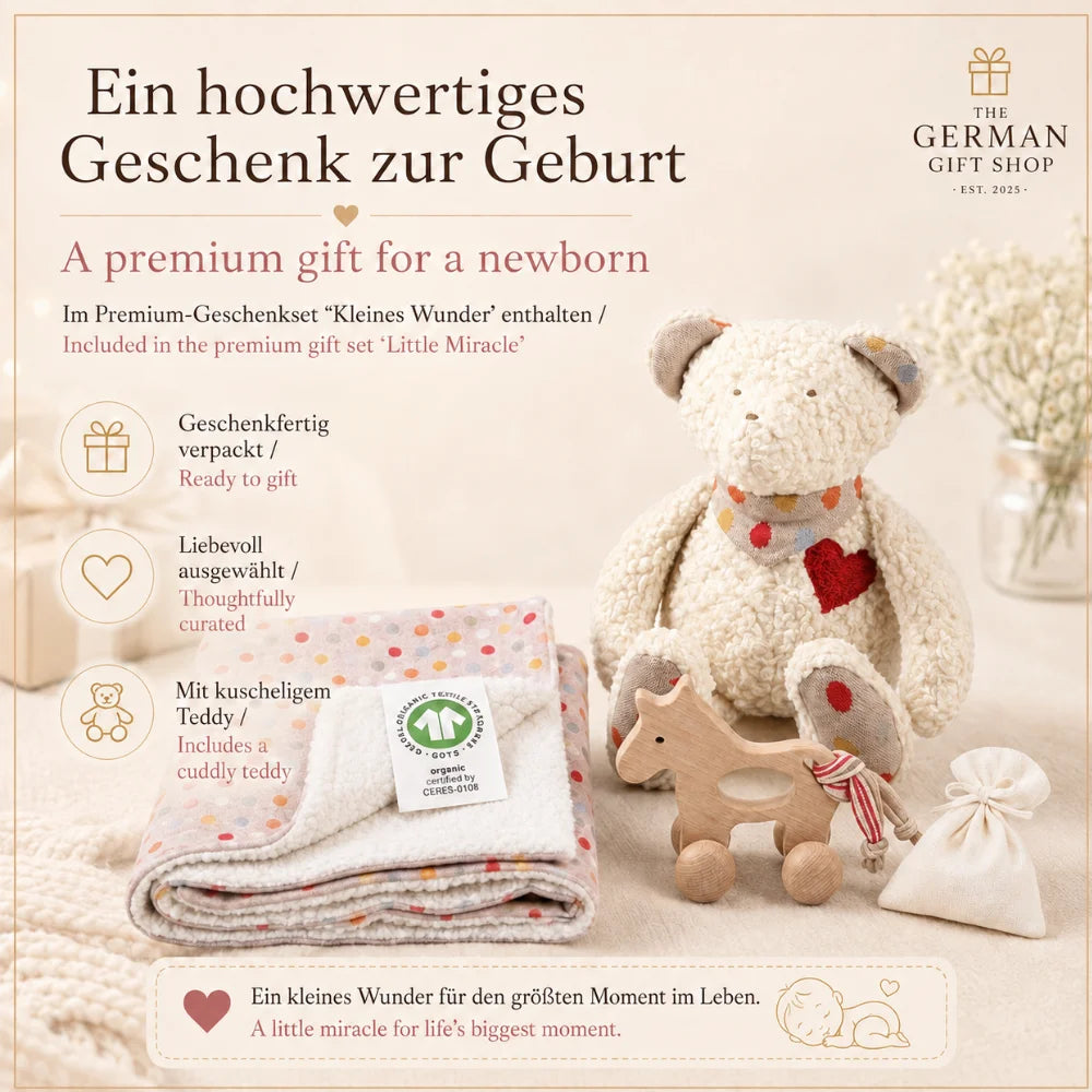 Efie Teddy mit Herz im Premium-Geschenkset „Kleines Wunder“ als hochwertiges Geschenk zur Geburt