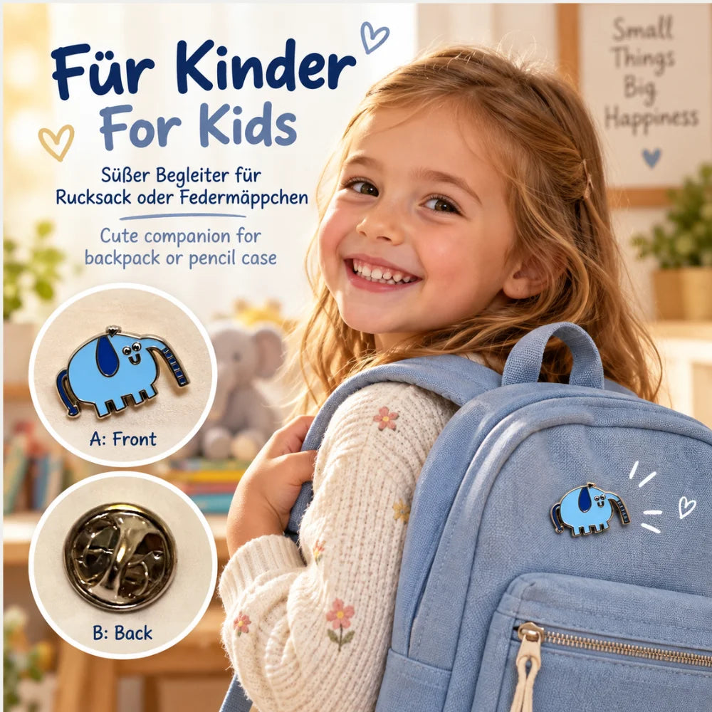 Kind mit blauem Rucksack und Elefant Emaille Pin – kleines Geschenk für Schulstart, Schultüte, Rucksack oder Federmäppchen