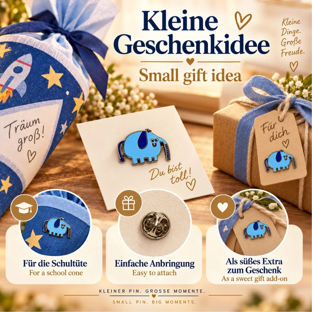 Blauer Elefant Emaille Pin als kleine Geschenkidee für die Schultüte – mit Butterfly-Verschluss, auch als Mitbringsel oder Geschenk-Extra geeignet