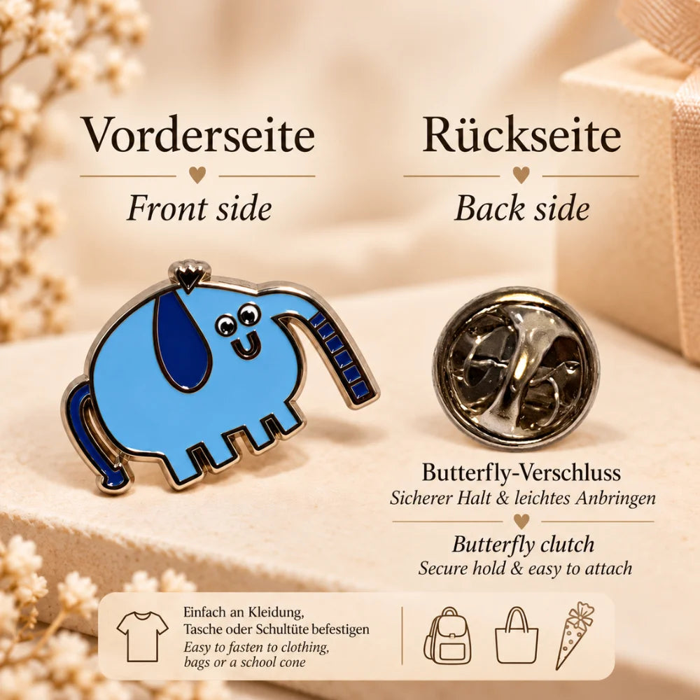 Blauer Elefant Emaille Pin mit Vorderseite und Butterfly-Verschluss – sicherer Halt und einfache Befestigung an Kleidung, Tasche oder Schultüte