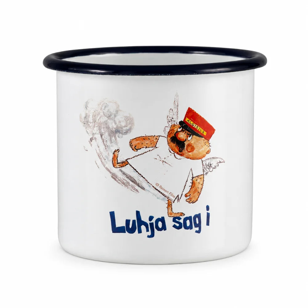 Engel Aloisius Emaille-Tasse „Luhja sag i“ mit bayerischem Kultmotiv auf weißem Hintergrund