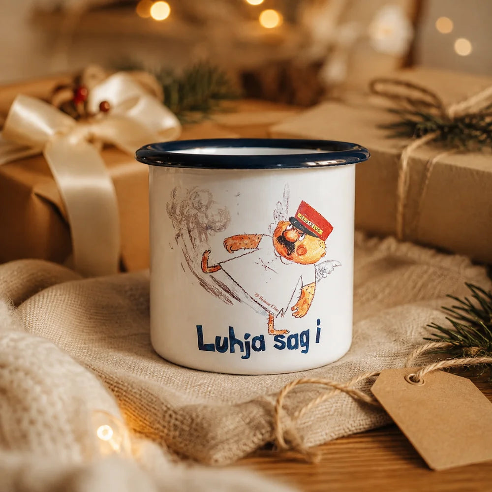 Engel Aloisius Emaille-Tasse „Luhja sag i“ als weihnachtliche Geschenkidee mit Geschenkverpackung