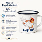Infobild zur Engel Aloisius Emaille-Tasse mit Erklärung zur bayerischen Kultfigur Engel Aloisius