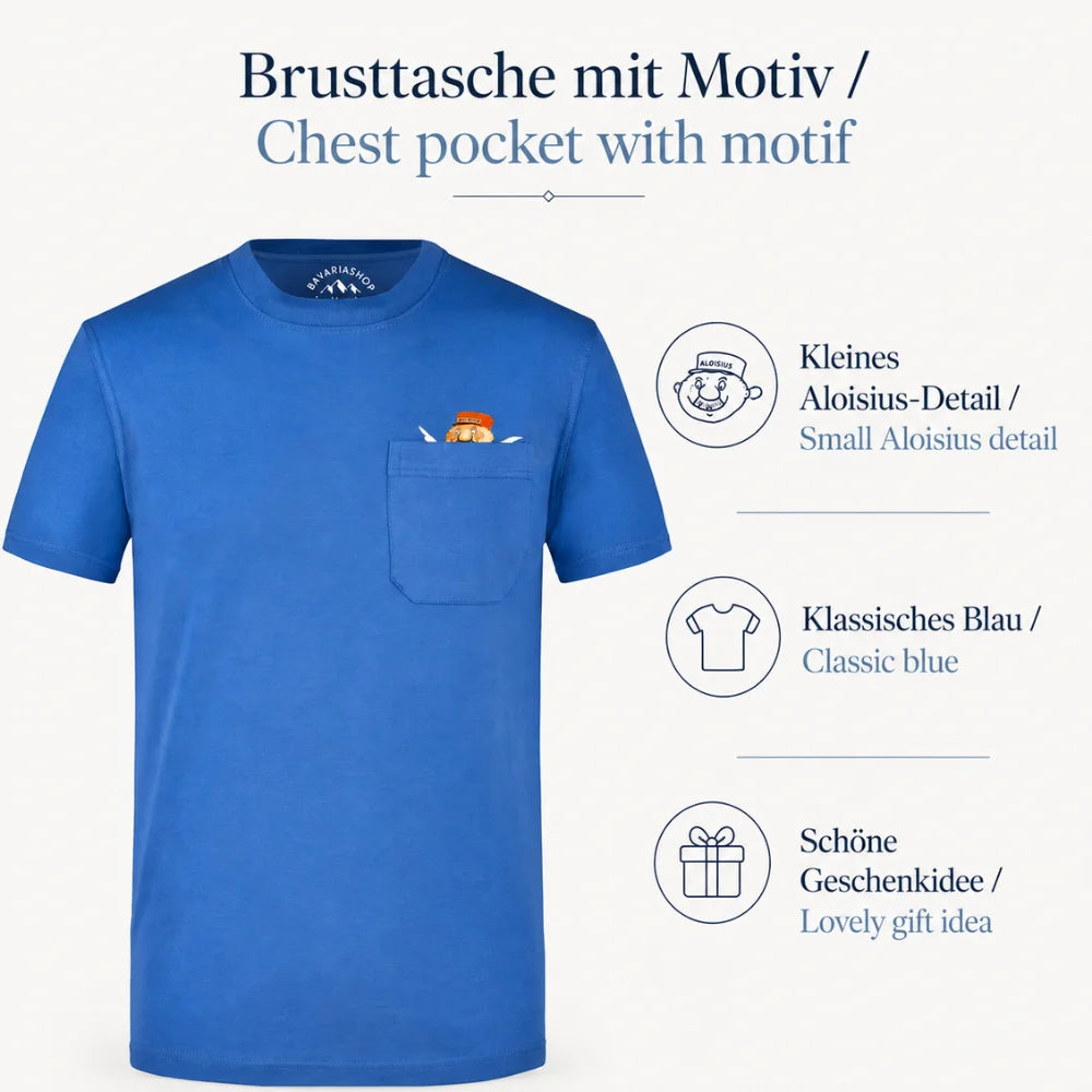 Engel Aloisius T-Shirt blau mit Brusttasche und kleinem Aloisius-Detail als Geschenkidee