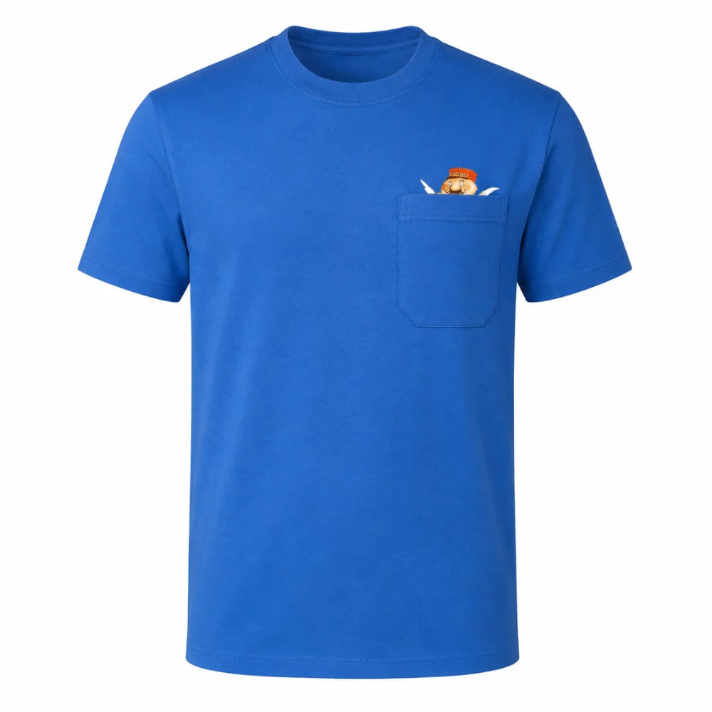 Engel Aloisius T-Shirt blau mit Brusttasche und kleinem Aloisius-Motiv auf weißem Hintergrund