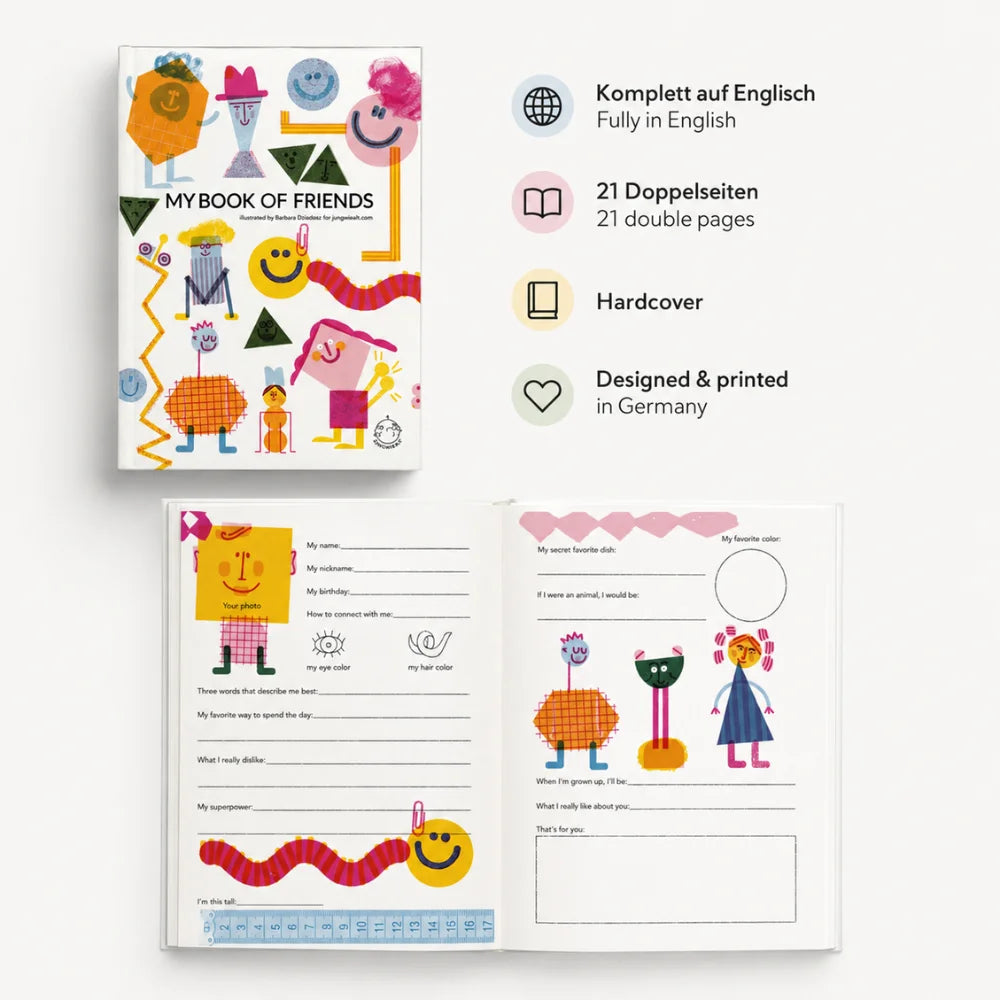 Englisches Freundebuch My Book of Friends mit 21 Doppelseiten, Hardcover und Herstellung in Deutschland