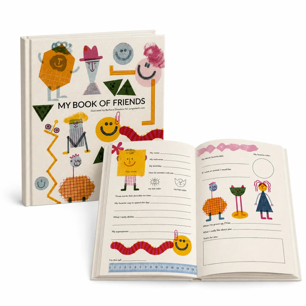 My Book of Friends geöffnet mit englischen Freundeseiten zum Schreiben und Malen