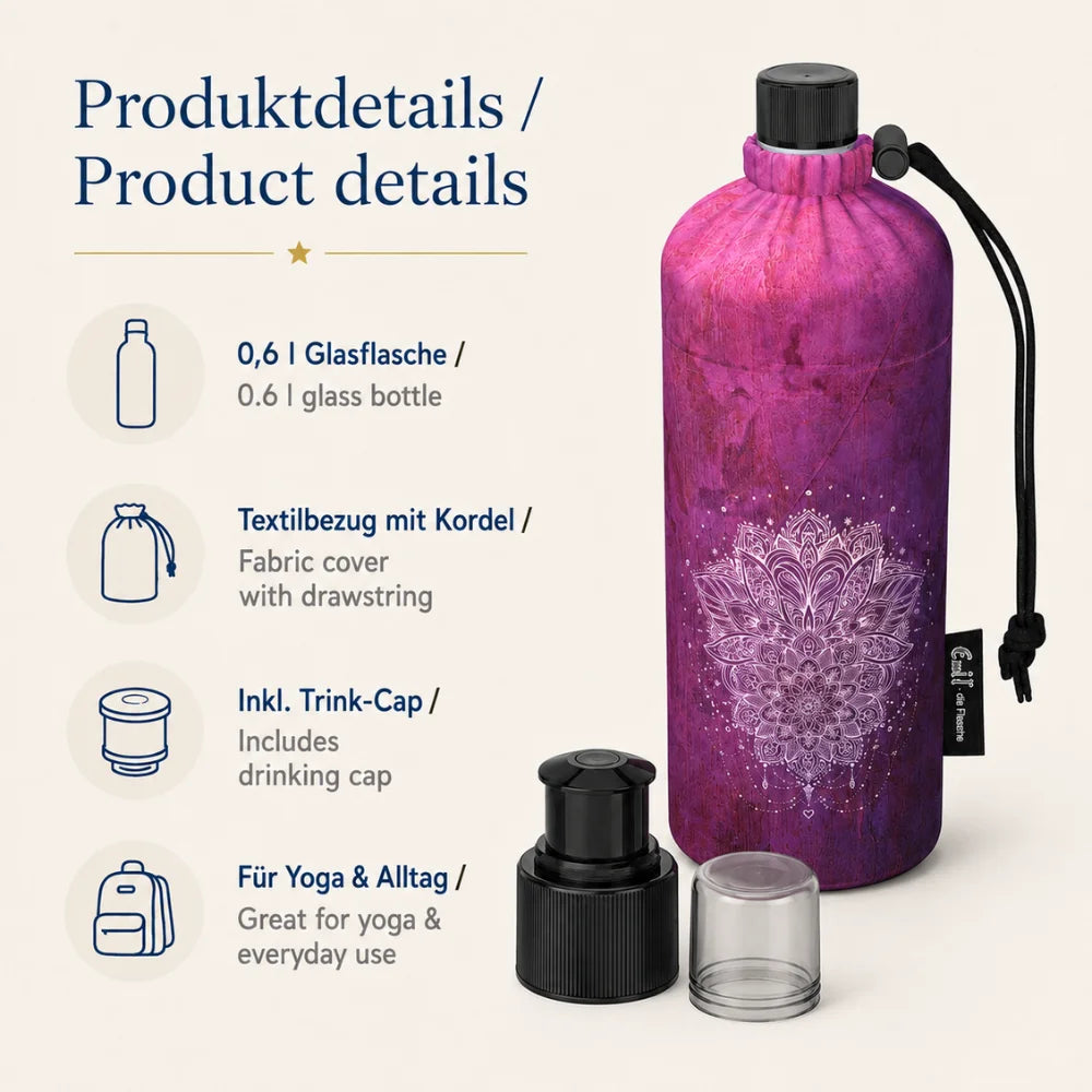 Produktdetails der Emil Trinkflasche 0,6 Liter mit Textilbezug, Trink-Cap und Glasflasche