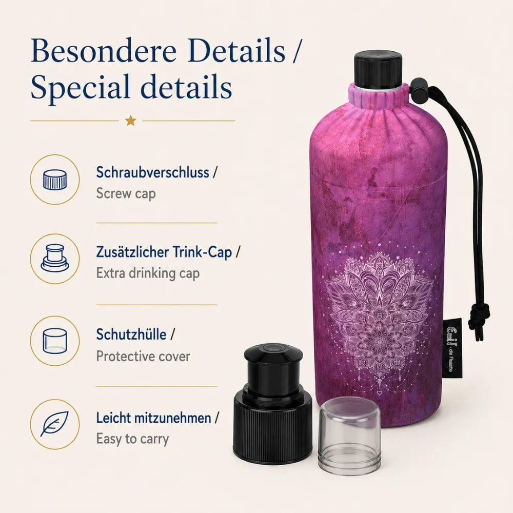 Emil Trinkflasche Motiv Lotus mit Schraubverschluss, zusätzlichem Trink-Cap und Schutzhülle