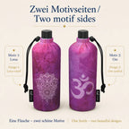 Emil Trinkflasche 0,6 Liter Motiv Lotus mit zwei Motivseiten und lila Textilbezug