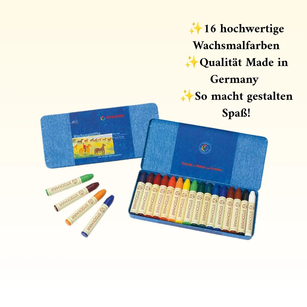 16 Wachsmalfarben in der Blechbox von Stockmar als Bestandteil des Einschulungs Geschenk-Bundles 