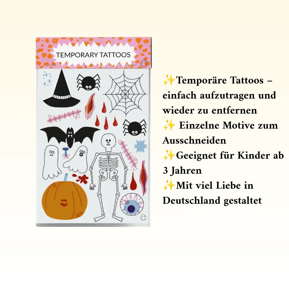 Temporäre Tattoos mit Halloween Motiv für Kinder sind Bestandteil des Geschenk-Bundles zur Einschulung