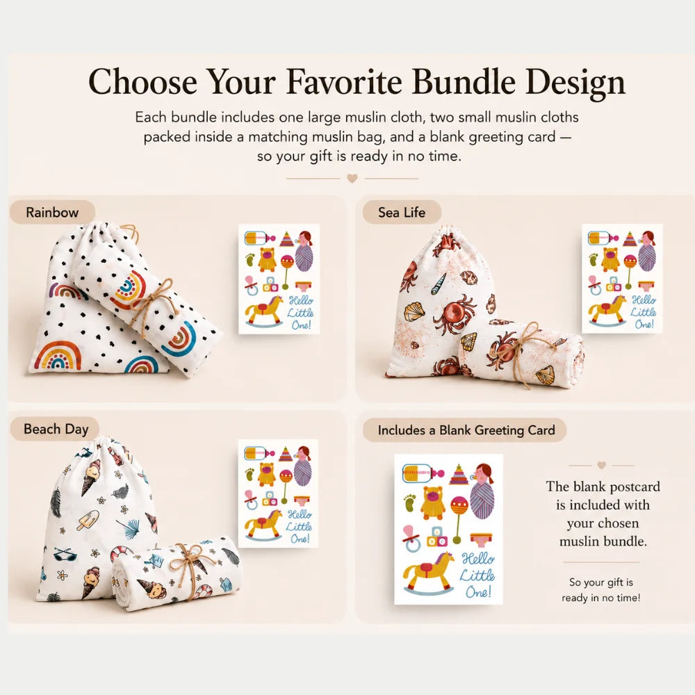 Geschenk-Bundle Mulltücher für Babys mit den Designs Rainbow, Sea Life und Beach Day sowie unbeschriebener Postkarte mit englischem Text