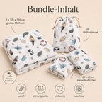 Bundle-Inhalt des Mulltuch-Sets im Design Beach Day mit drei Tüchern und Beutel