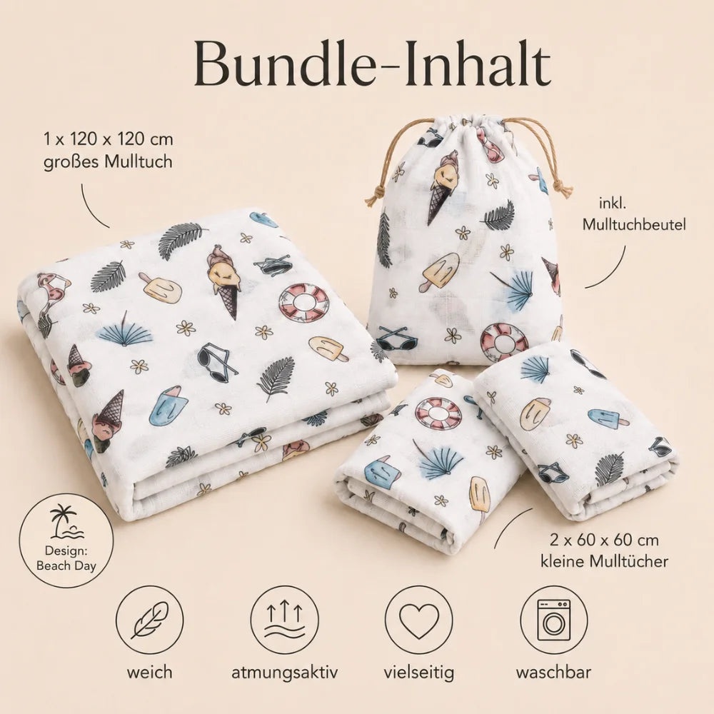Bundle-Inhalt des Mulltuch-Sets im Design Beach Day mit drei Tüchern und Beutel
