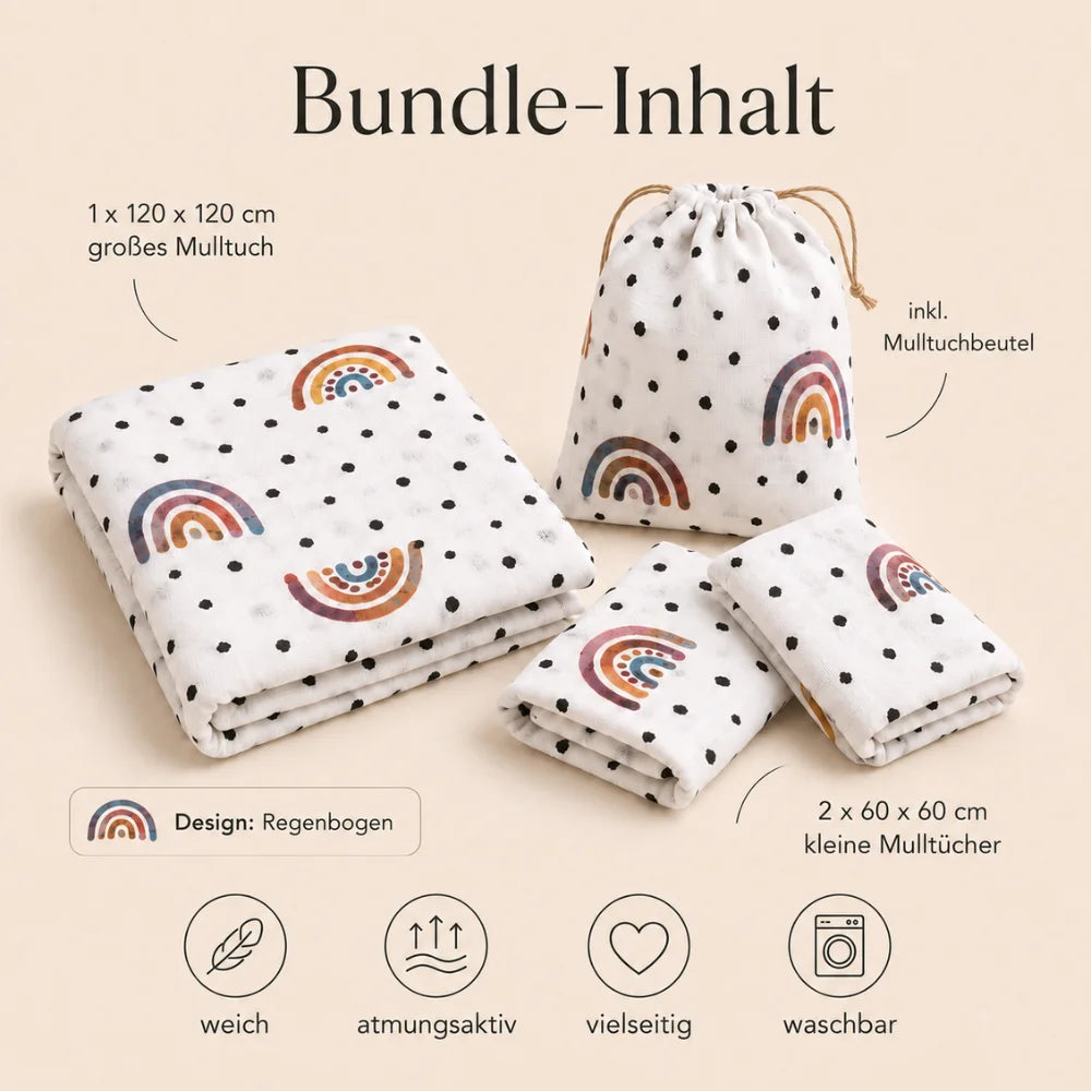 Bundle-Inhalt des Mulltuch-Sets im Regenbogen-Design mit Größenangaben