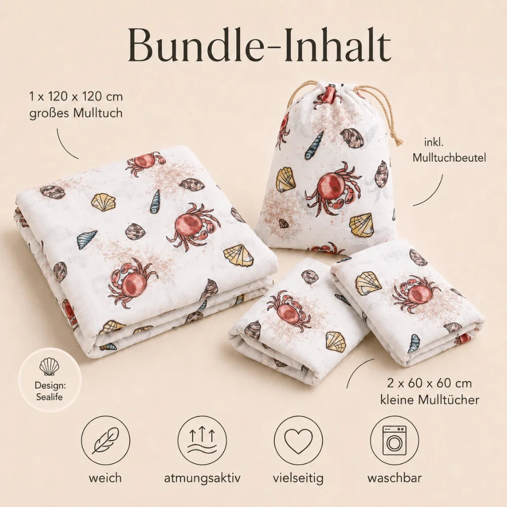 Bundle-Inhalt des Mulltuch-Sets im Sealife-Design mit Größenangaben