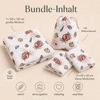 Bundle-Inhalt des Mulltuch-Sets im Sealife-Design mit Größenangaben