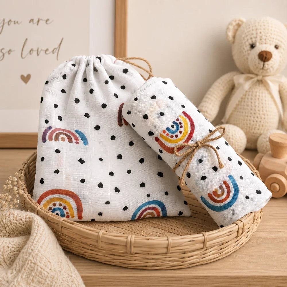 Geschenk-Bundle Mulltücher im Regenbogen-Design dekorativ im Babykörbchen