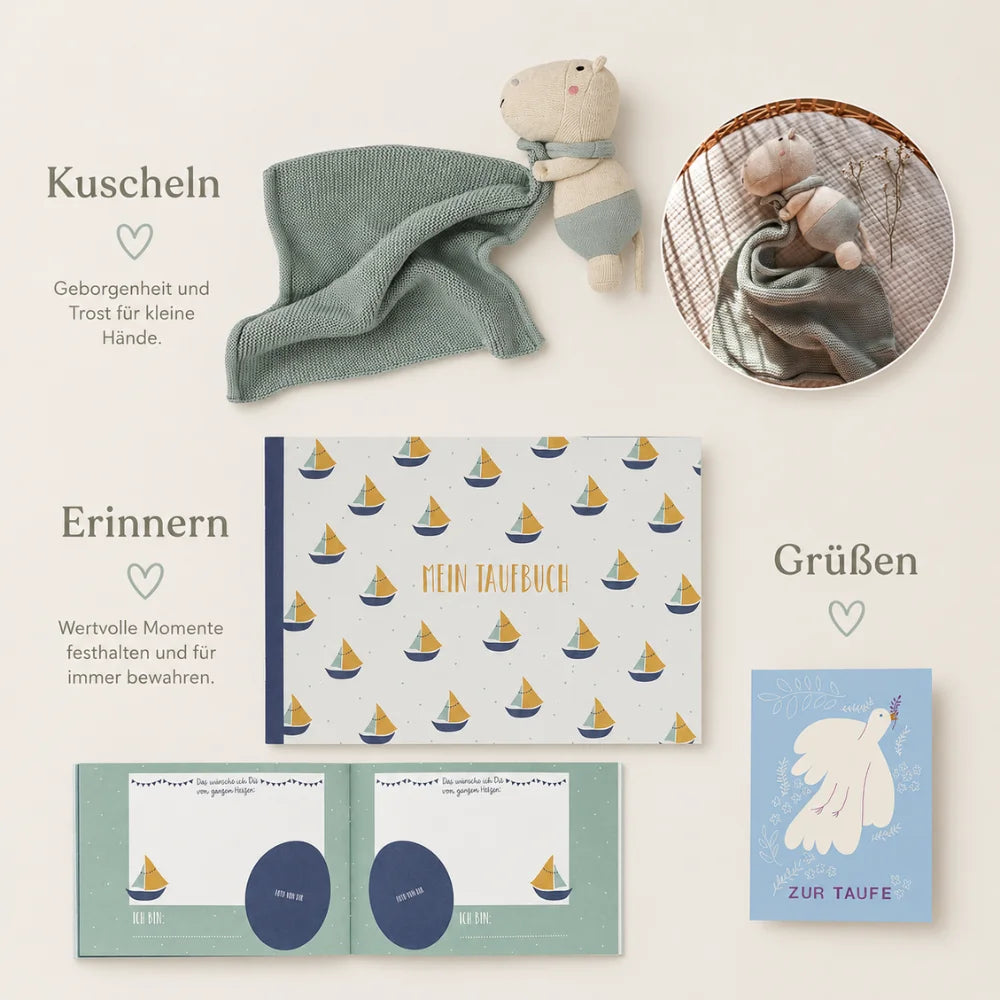 Taufgeschenk-Bundle zum Kuscheln, Erinnern und persönliche Grüße schreiben