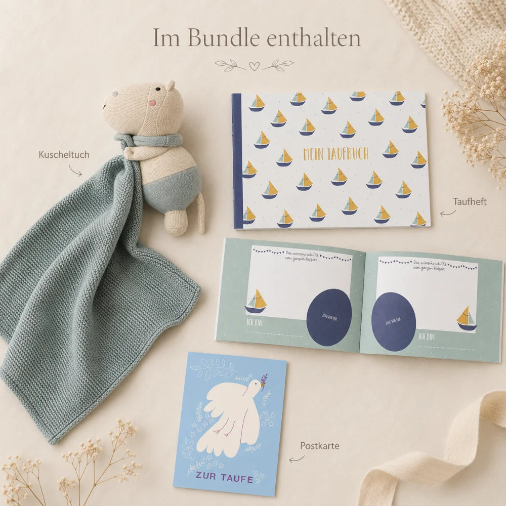 Inhalt des Taufgeschenk-Bundles mit Kuscheltuch, Erinnerungsheft und Taufkarte