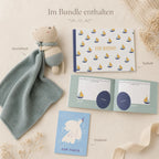 Inhalt des Taufgeschenk-Bundles mit Kuscheltuch, Erinnerungsheft und Taufkarte