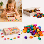 Kind spielt mit bemalbarer Holzkiste mit Glitzerschatz