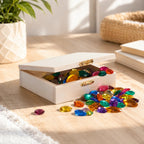 Glitzersteine quillen aus geöffneter Holzkiste 