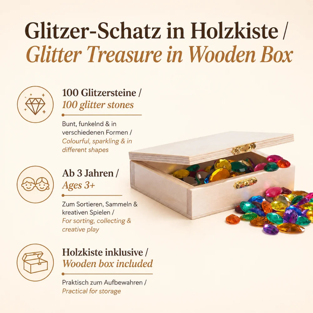 Glitzer-Schatz in Holzkiste mit 100 bunten Glitzersteinen, geeignet für Kinder ab 3 Jahren