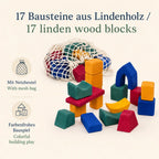 17 bunte Lindenholz-Bausteine von Glückskäfer in verschiedenen Formen für kreatives Spielen