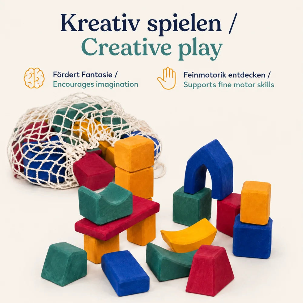 Kreatives Spielen mit bunten Glückskäfer Holzbausteinen aus Lindenholz und Baumwollnetz
