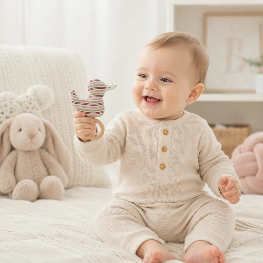 Baby hält den Greifling Ente mit Holzring und Rassel in der Hand.