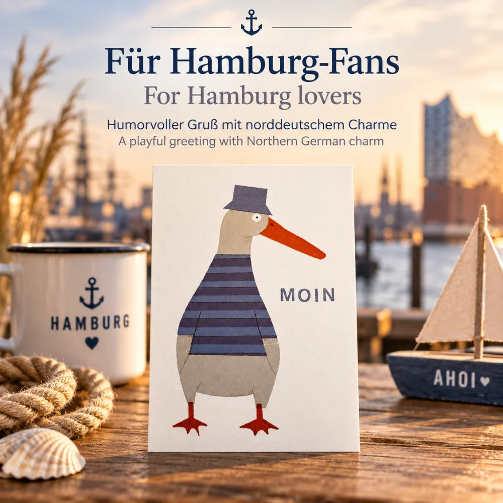 Moin Postkarte für Hamburg-Fans mit maritimem Vogelmotiv – humorvolle Grußkarte mit norddeutschem Charme und Hamburg Bezug