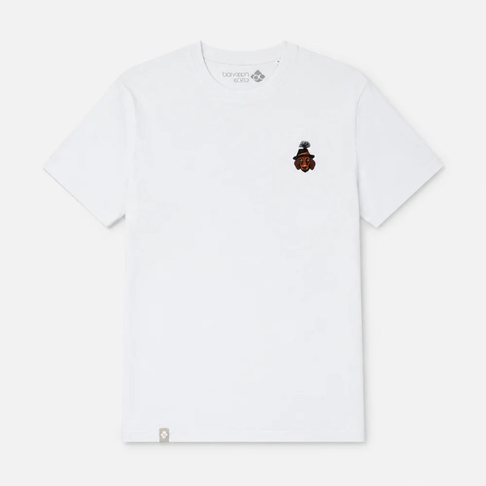 Weißes Herren T-Shirt Monsieur Waldi mit kleinem Dackel-Stickmotiv auf hellem Hintergrund Main image