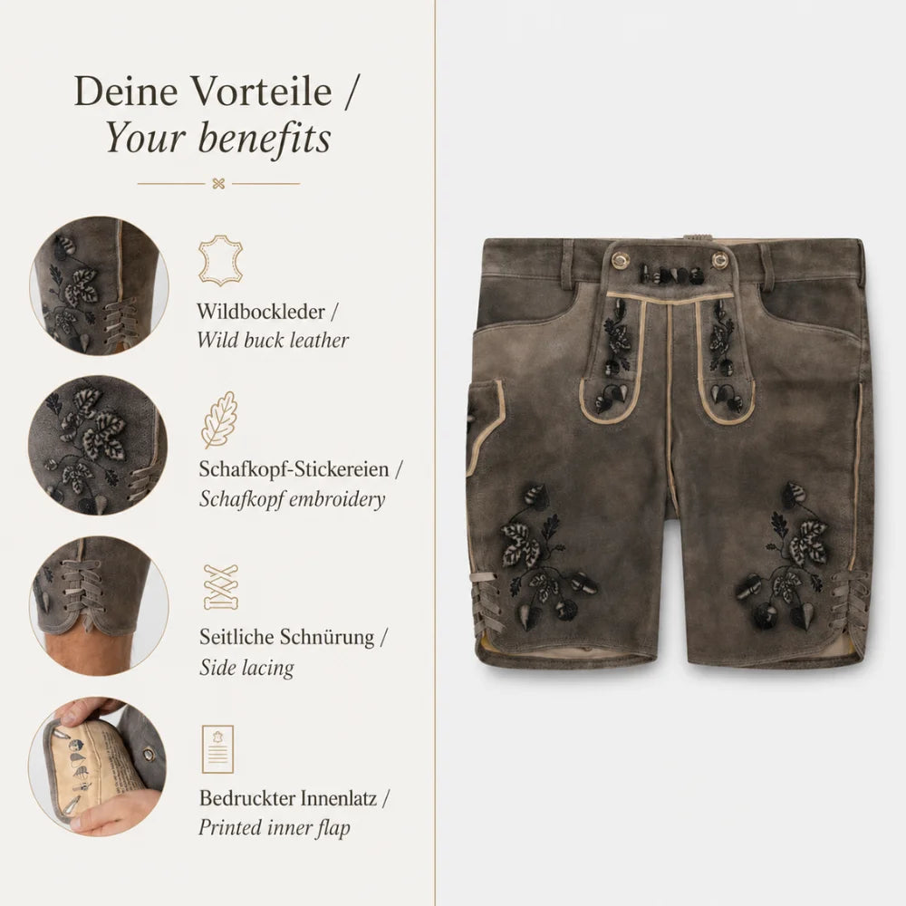 Detail der Schafkopf-Stickereien und seitlichen Schnürung an der Herren Lederhose