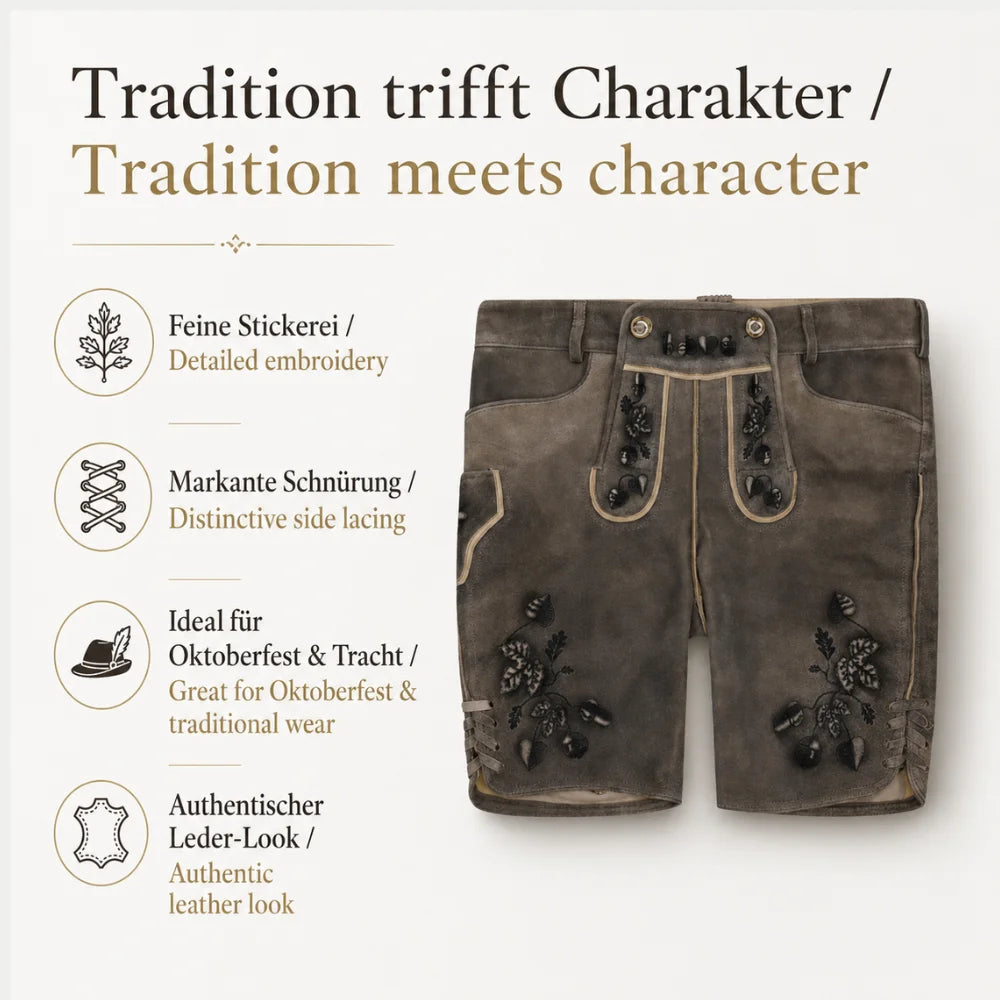 Trachtenlederhose für Herren mit Schafkopf-Stickereien für Oktoberfest und Tracht