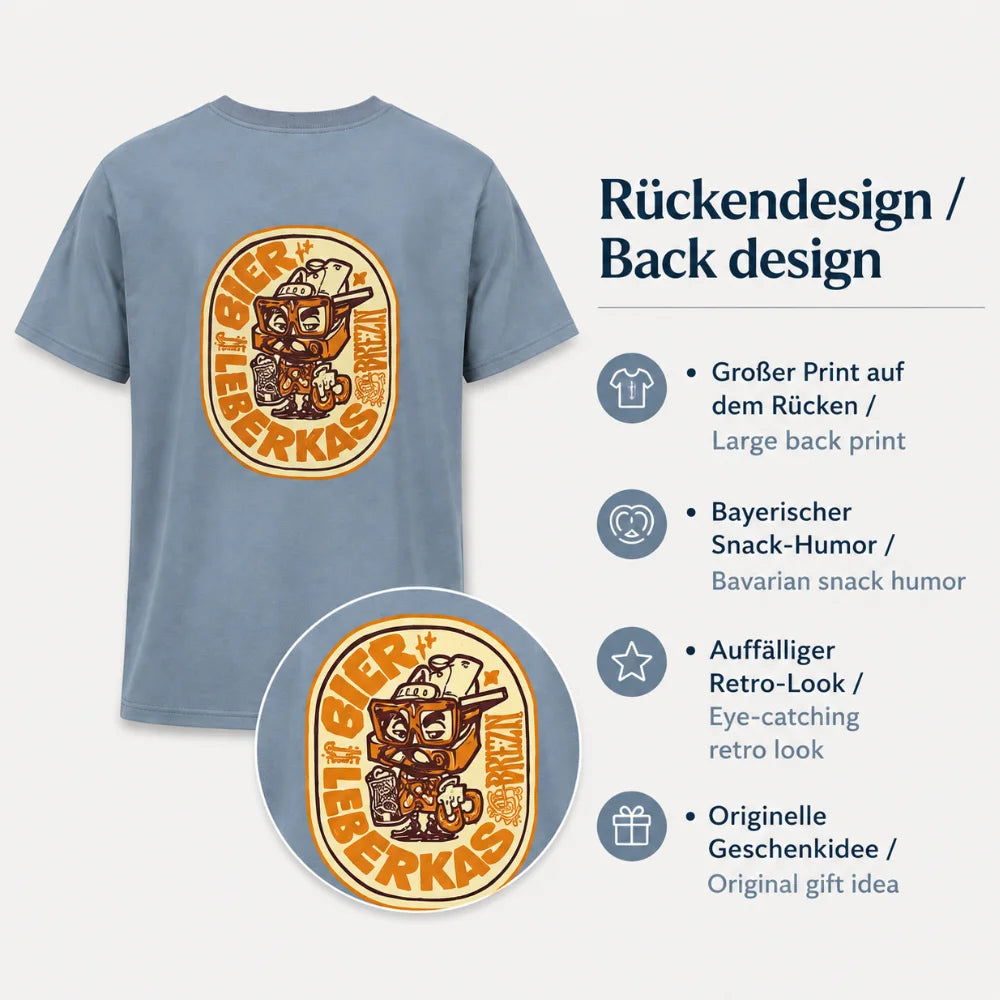 Rückansicht des Bavarian Trinity T-Shirts mit großem Bier-Brezel-Leberkäse-Motiv