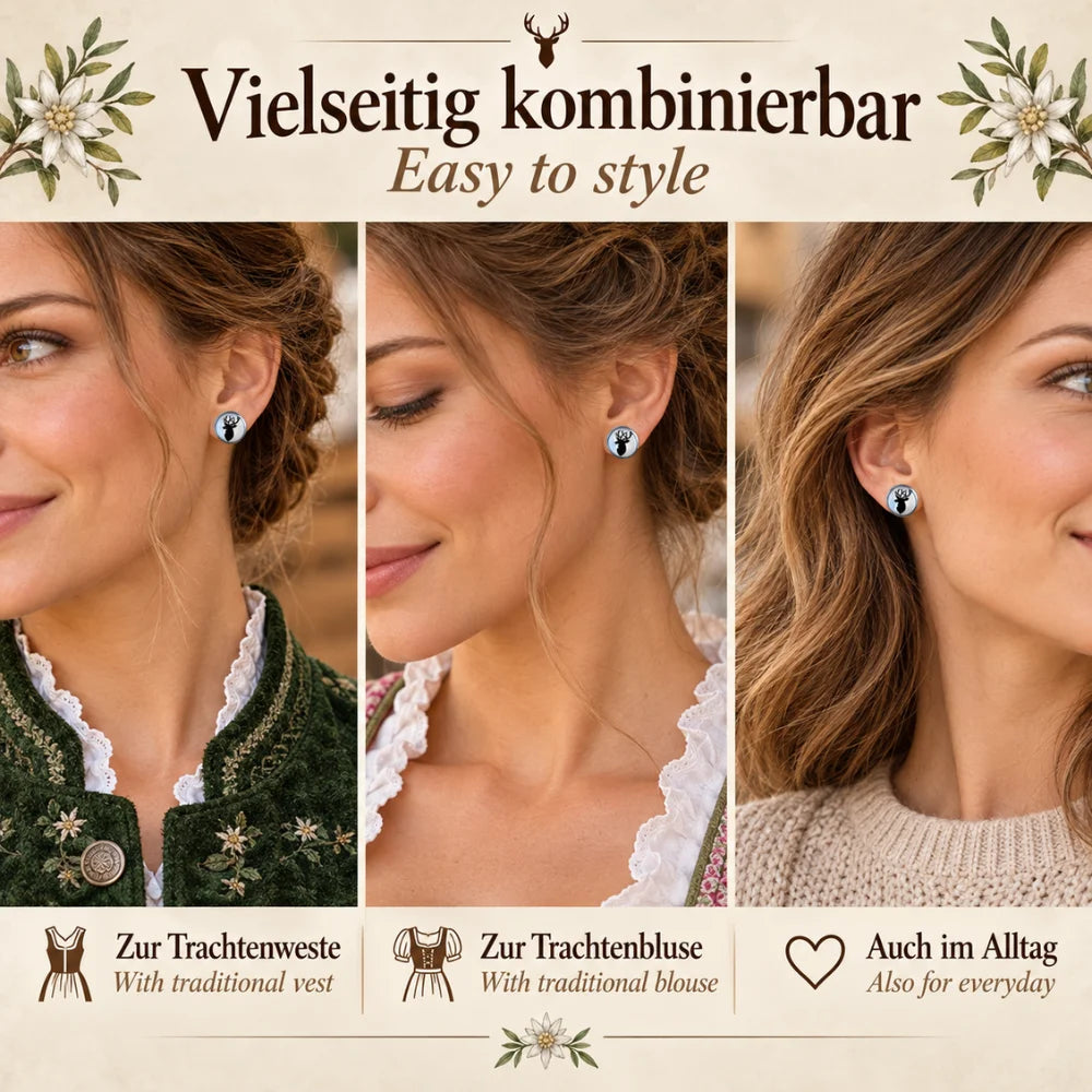 Hirsch Ohrstecker vielseitig kombiniert zur Trachtenweste, Trachtenbluse und im Alltag – handgefertigter Trachtenschmuck aus Bayern.