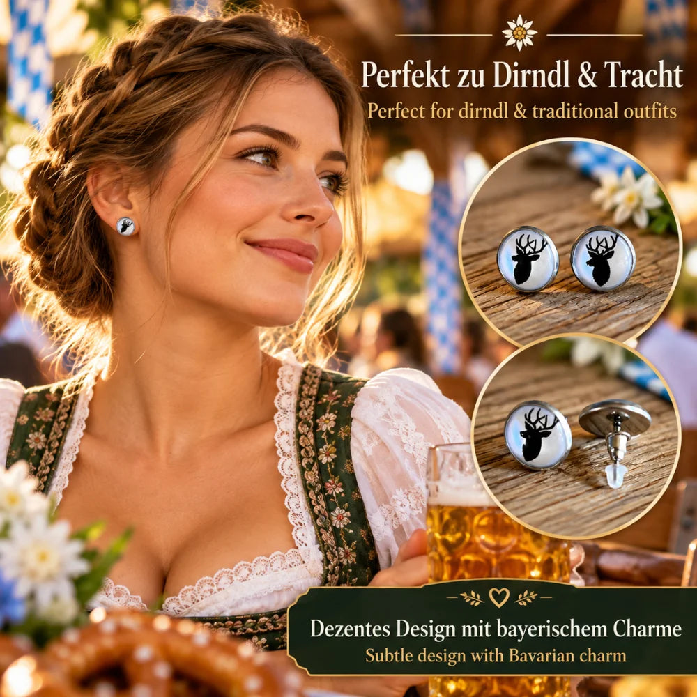 Frau mit Hirsch Ohrsteckern im Dirndl auf dem Oktoberfest – dezente Ohrringe mit bayerischem Charme passend zu Tracht und Landhausstil.
