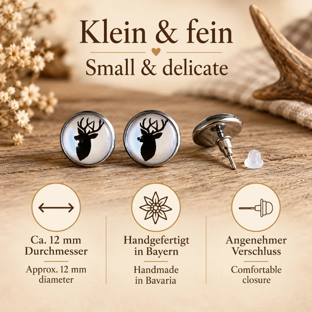 Kleine Hirsch Ohrstecker aus Bayern mit 12 mm Durchmesser und angenehmem Verschluss – handgefertigter Trachtenschmuck für Damen.