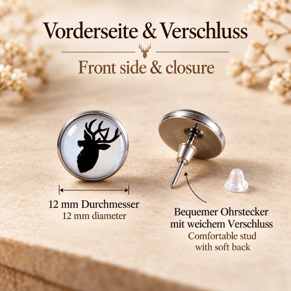 Vorderseite und Verschluss der Hirsch Ohrstecker – 12 mm Ohrringe mit weichem Steckverschluss, ideal für Tracht, Dirndl und Oktoberfest.