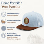 Hellblaue Hofbräuhaus München Snapback-Cap mit Vorteilen in Deutsch und Englisch