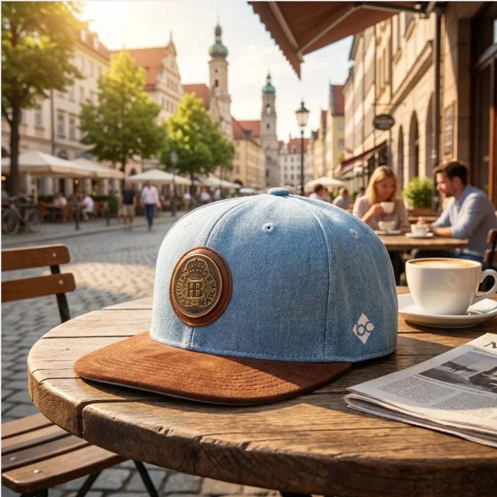 Hofbräuhaus München Cap auf einem Café-Tisch in bayerischer Altstadt
