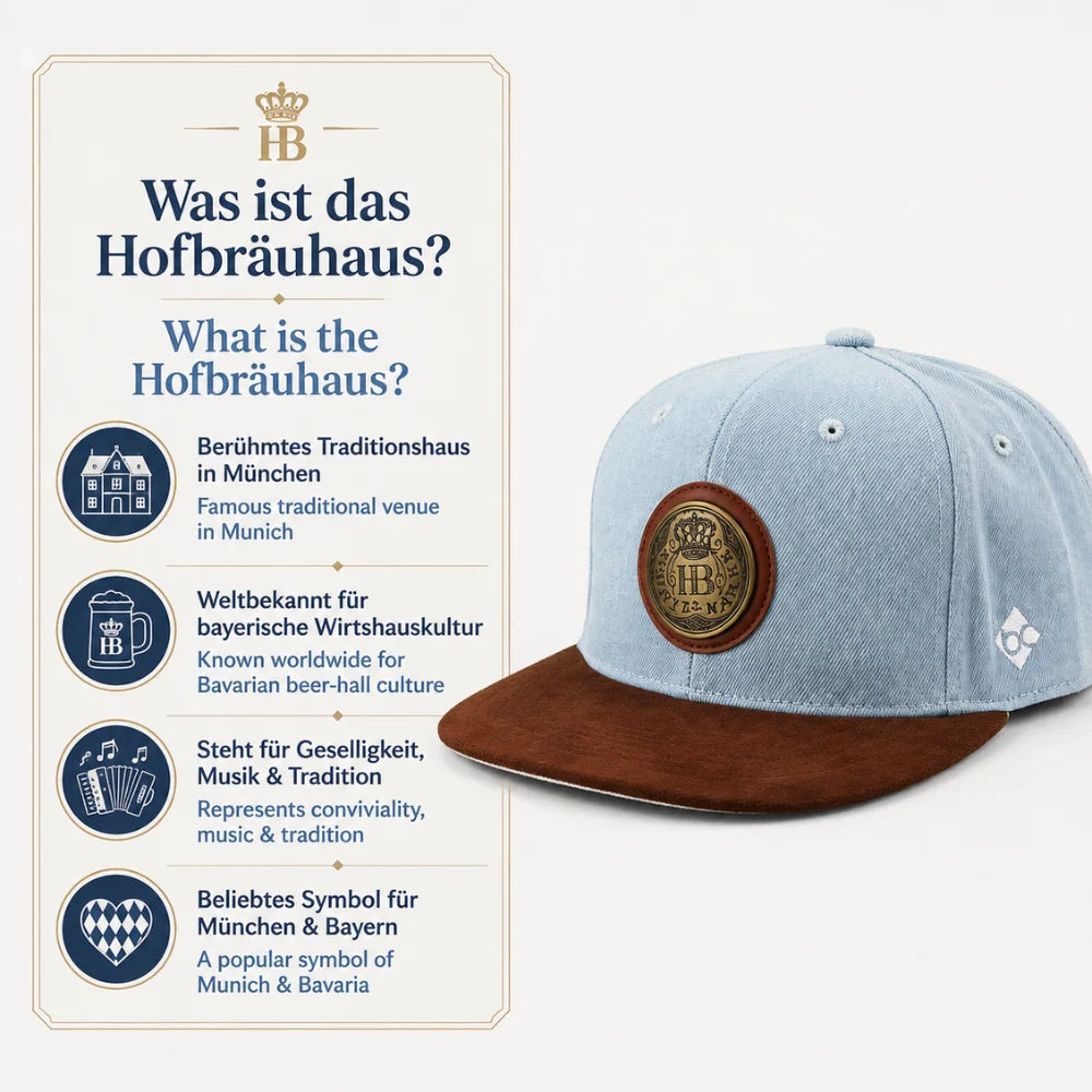 Hofbräuhaus München Cap Infografik mit zweisprachiger Erklärung und hellblauer Snapback-Cap